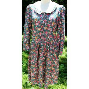 Vtg 1980s Calico Dress Womens Sz 7/8 Green Pink Floral Long Sleeve Cottage Core